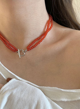 轻奢高级感红色串珠双层项链女复古个性时尚简约百搭颈链毛衣链