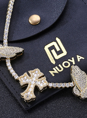 欧美嘻哈跨境3.5mm十字架祈祷之手锆石网球链男士复古潮流项链