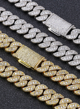 欧美跨境嘻哈14mm翻盖扣满钻锆石古巴项链男高级感饰品配饰批发