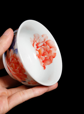 小杯子景德镇釉上彩牡丹花开如事杯雅致茶器品茗杯小号主人杯