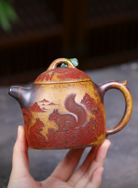 宜兴紫砂壶柴烧龙骨金砂匠心手工制作松鼠秦权遇热变色功夫茶具