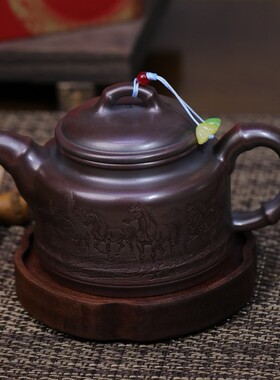 一件宜兴紫砂壶原矿古乌泥名家手工制作神骏献瑞竹鼎功夫茶具