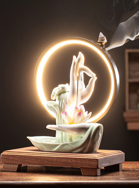 创意陶瓷禅意佛手莲心家用线香熏炉莲花香插家居装饰灯圈摆件