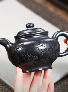 鹿鸣松壑密文一件宜兴紫砂原矿玄铁石黄手工制作掇只功夫茶具