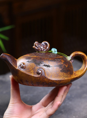 爆款宜兴紫砂壶柴烧龙骨金砂匠心手制作曲壶一帆风顺功夫茶具