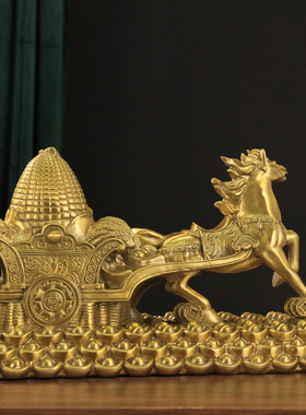 厂家批发黄铜马财富丰收马马到成功生肖马拉元宝摆件装饰工艺品