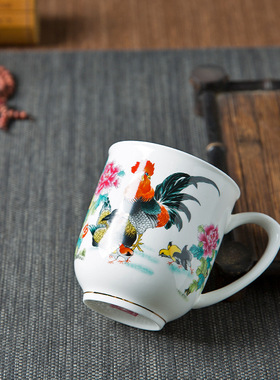 景德镇手工描金骨瓷水杯茶杯金鸡报喜杯子礼品新款全家福茶杯礼品