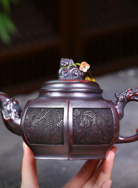 热销宜兴紫砂壶原矿古乌泥匠心手工制作四象八周高端功夫茶具