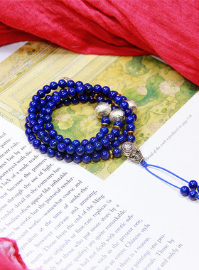 承李李原创设计 民族风纯银925青金石108颗 多圈佛珠手链女