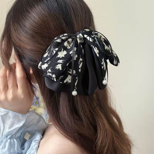 国风牵牛花印花立体蝴蝶结抓夹优雅百搭珍珠马尾发夹发饰头饰夹子 - 图2