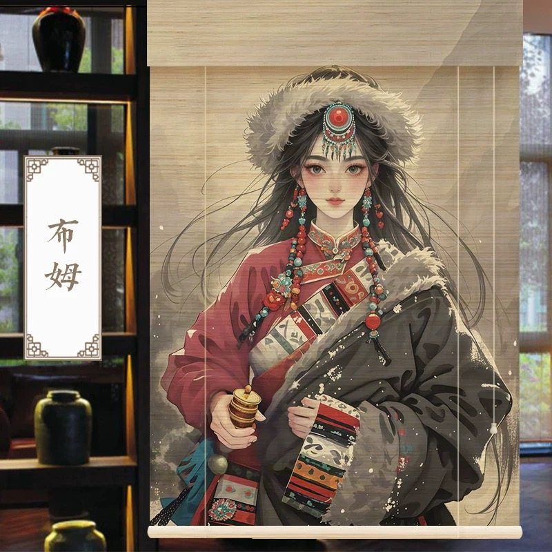 茶室背景虔诚少女挂画茶室背景竹帘卷帘印花装饰民宿挂画定制窗帘,淘宝优惠券,粉丝福利购,淘宝优惠卷