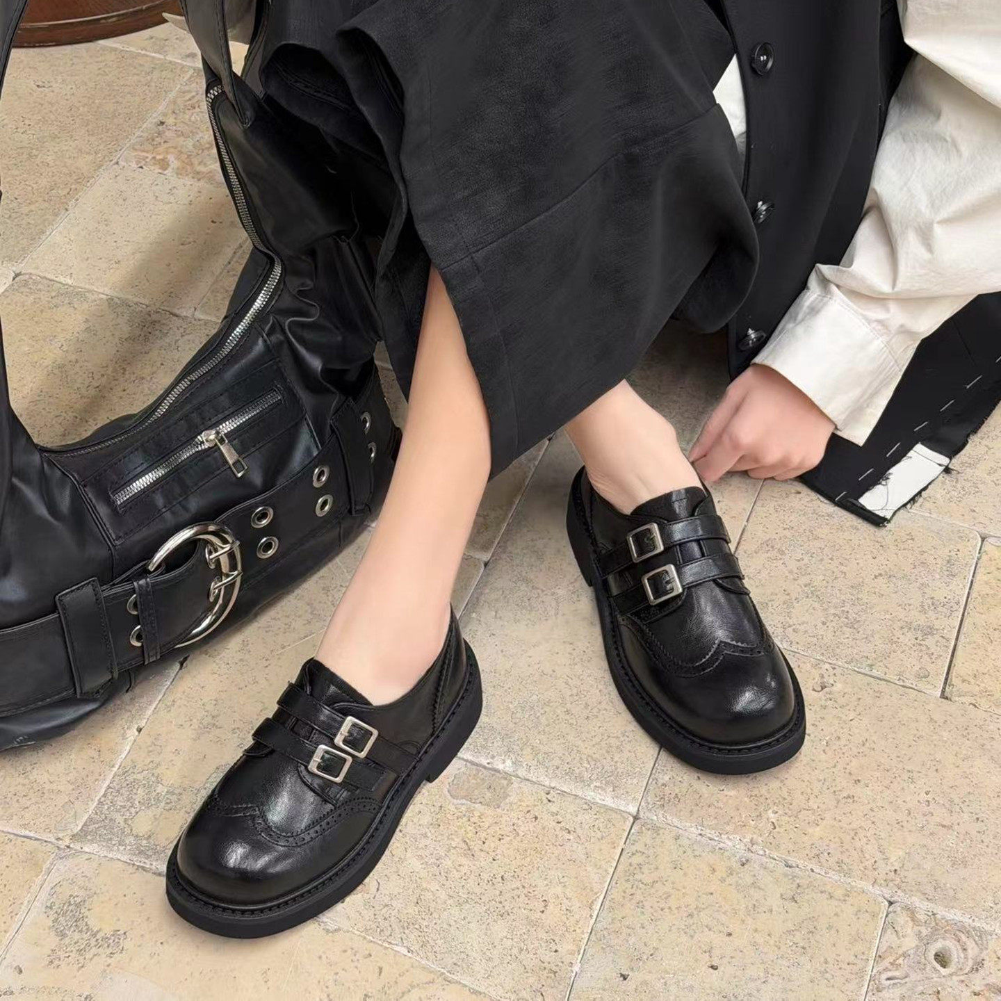 粗跟单鞋女2026年春季新款英伦风时尚真皮布洛克乐福鞋百搭小皮鞋,淘宝优惠券,粉丝福利购,淘宝优惠卷