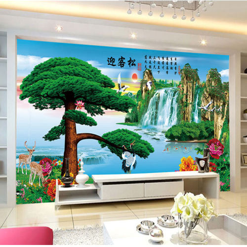 迎客松山水画客厅装饰画沙发背景墙壁画风水靠山招财油画自粘贴画 - 图1