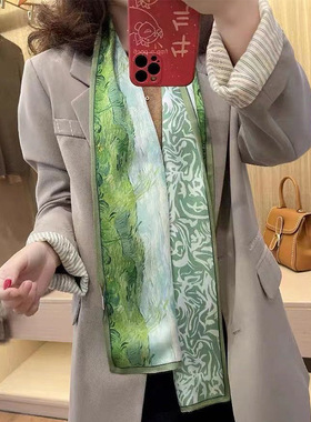 织造局苏杭丝绸桑蚕丝丝巾油画双层双面真丝围巾小长条领巾飘带时