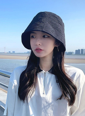 小众纹理渔夫帽女夏季薄款韩版日系百搭纯色防晒复古遮脸水桶帽子