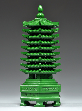 绿色桃木雕刻9层文昌塔摆件