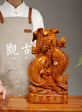 木雕年年有余摆件动物雕刻家居客厅电视柜酒柜装饰工艺品乔迁送礼