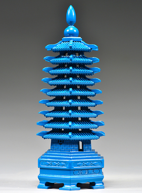 蓝色桃木雕刻九层文昌塔摆件木质