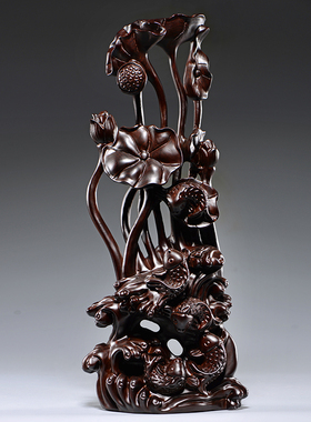 黑檀木雕年年有鱼摆件大号根雕客厅电视柜K落地公司装饰红木工艺