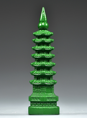 绿色桃木质雕刻7层文昌塔摆件