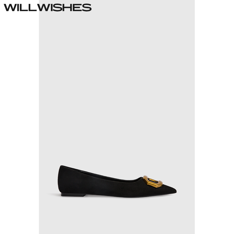 WILLWISHES 王玎设计通勤风女鞋2025新款尖头单鞋女方扣平底鞋女 - 图2