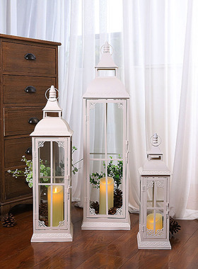 欧式浪漫婚庆庭院户外复古落地防风灯手提玻璃蜡烛台铁艺装饰摆件