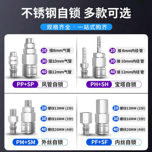PM快插C式304不锈钢气管快速公母接头耐高温气动空压机耐高压20KG - 图1