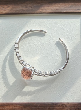 纯银银手镯镶嵌独特天然水晶粉金沙手镯一物一拍节日礼物七夕礼物