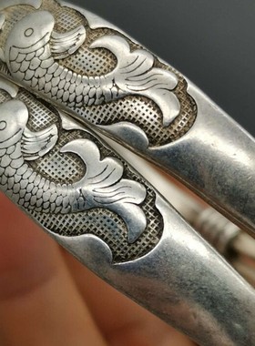 古玩收藏老银手镯推拉双鱼莲花民族风白铜银饰925银镯子女款一对