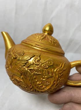 鎏金色乡下收回流老物件古玩纯铜龙凤酒壶家居装饰工艺品摆件