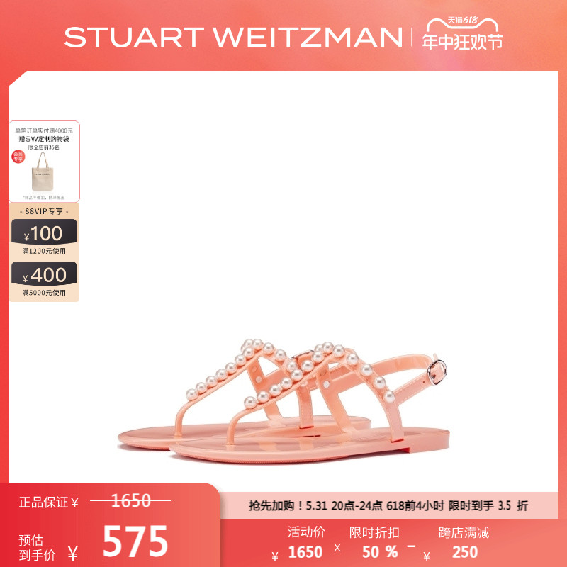 Stuart Weitzman/SW GOLDIE JELLY 春夏珍珠果冻凉鞋平底拖鞋女 - 图0