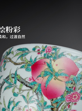 景德镇陶瓷手绘寿桃卷纹缸摆件
