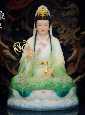 汉白玉坐莲妙善观音佛像供奉摆件