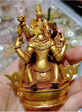 3寸四臂观音法相 尼泊尔纯铜鎏金佛像 四臂观音双身 约高9cm