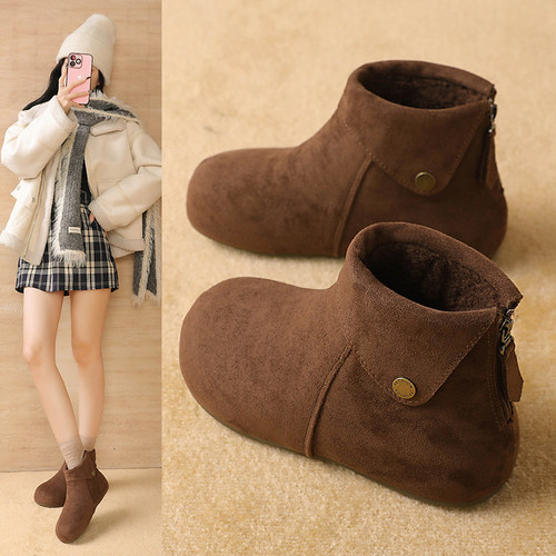 高帮勃肯鞋女2025冬季加绒保暖真皮软底复古内增高棉鞋雪地短靴子 - 图0
