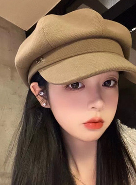 新款贝雷帽帽子女秋冬显脸小鸭舌八角帽大头围法式复古黑色报童潮