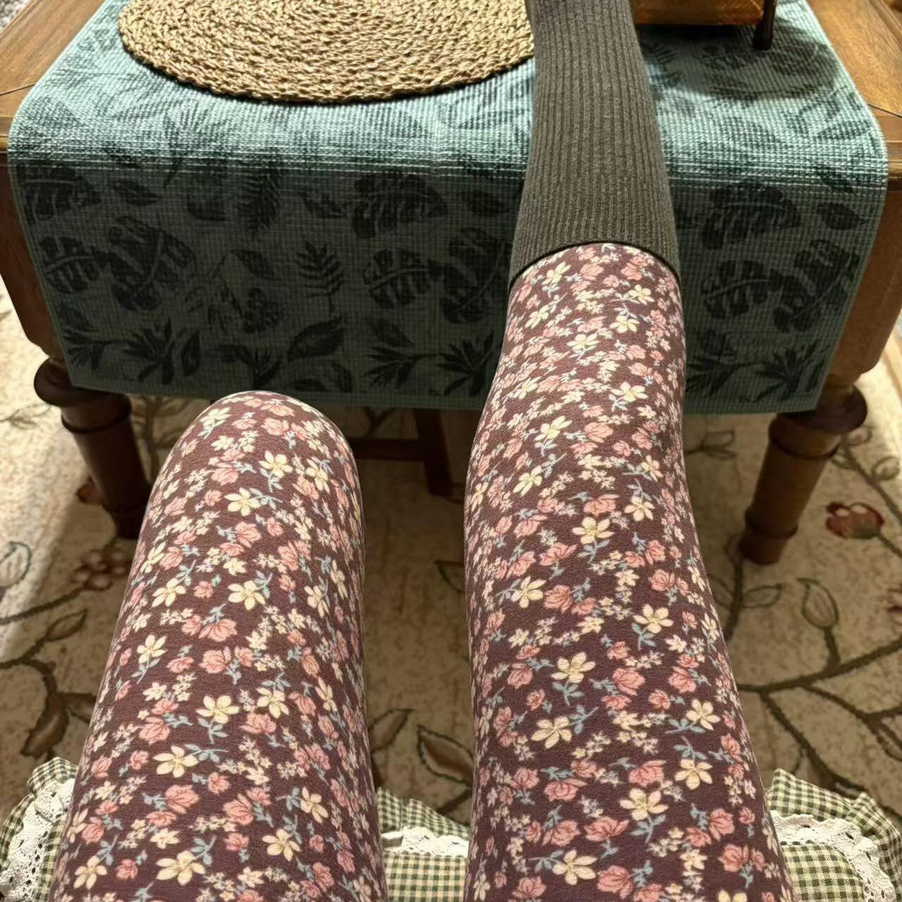 德绒秋裤女士款双面磨毛碎花裤高腰无痕款自发热不掉裆打底保暖裤