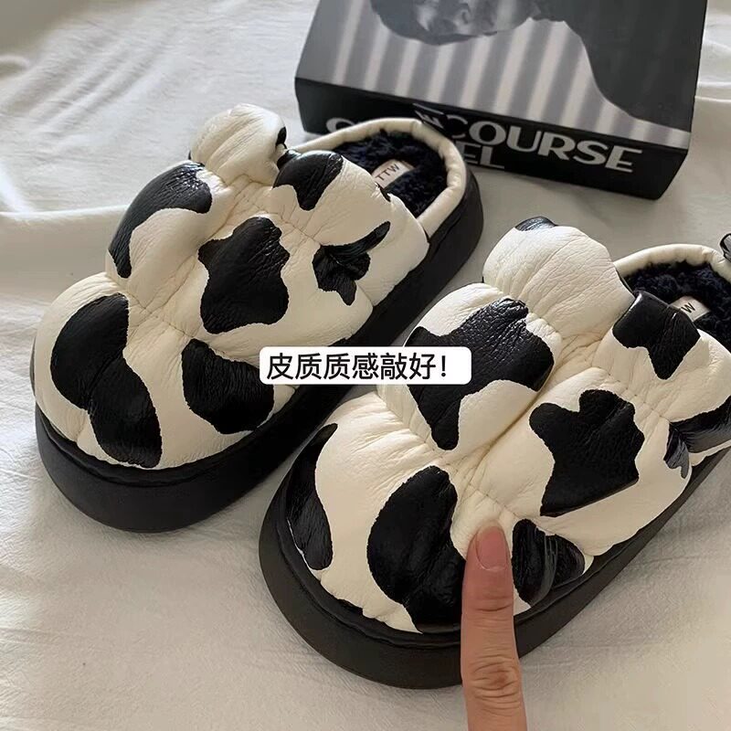 2024年新款棉拖鞋女秋冬INS厚底百搭外穿皮面居家防水毛毛拖鞋女