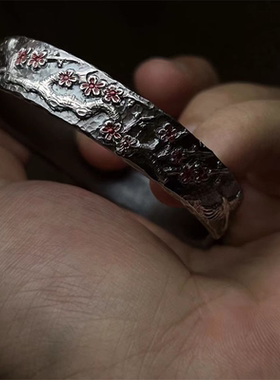 创意梅花开花新银色手镯版镯民俗文化道系青年高品质做旧精工复古