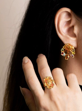 复古画框太阳月亮水晶锆石戒指