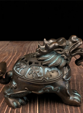 黄铜彩蓝龙龟香炉香薰炉黄铜香炉摆件办公室摆饰家居工艺品送锦盒