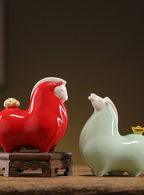 故宫红色小唐马茶宠摆件精品茶道配件桌面摆设马上有钱家居装饰品