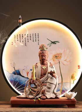 新中式禅意灯圈文殊普贤菩萨佛像摆件家居客厅玄关陶瓷工艺品摆设