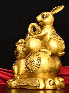 黄铜兔子摆件 铜双兔送福 生肖兔家居装饰创意礼品工艺品一件代发