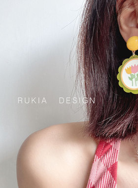RUKIA黄色花边椭圆耳环多巴胺三色花朵少女显白俏皮可爱复古耳饰