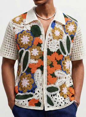 春夏欧美男士钩花撞色短袖衬衫大码镂空透视开衫上衣Men's shirt