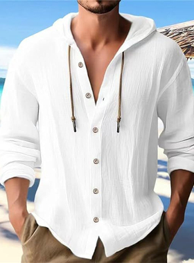 2026春秋新款外贸男士衬衫纯色连帽开衫长袖休闲衬衣Men's shirt