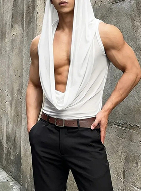 2026夏欧美男士垂坠深V背心网纱性感透视夜店表演上衣Men's vest