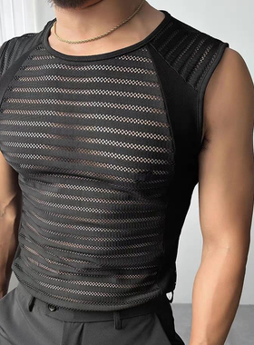 2026夏季性感透视网纱背心男嘻哈风无袖坎肩夜店演出服Men's vest