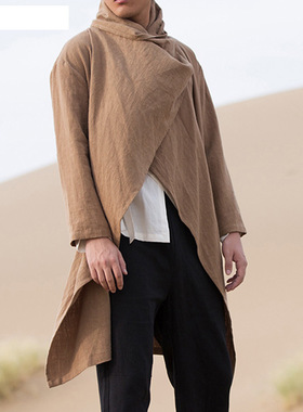 欧美时尚纯色不规则设计棉麻披风斗篷长袖外套男Men's cape coat